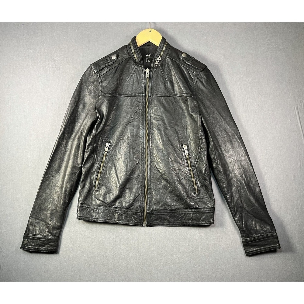 H&M Faux Leather Moto Jacket Size 38R Black Full Zip